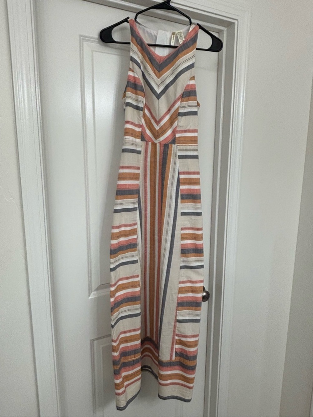 Japna Striped V-Neck Summer Dress in Cream, Rust & Slate